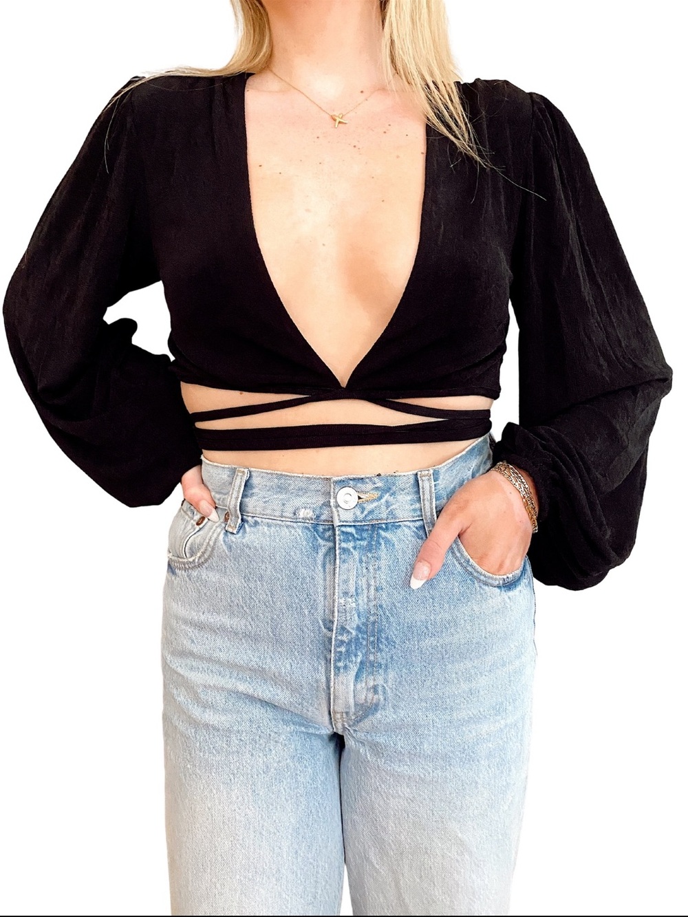 Black Deep V Wrap-Crop Top with Balloon Sleeves
